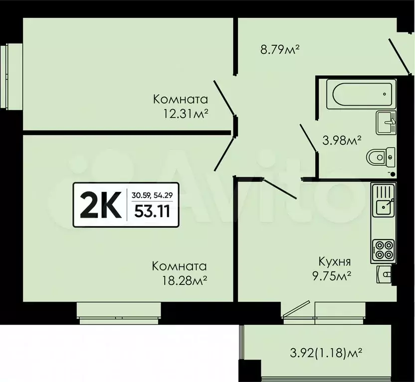 2-к. квартира, 53,1 м, 2/4 эт. - Фото 0
