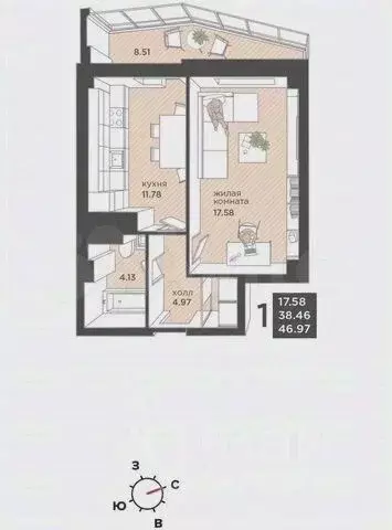 1-к кв. Калининградская область, Калининград ул. Гайдара, 90 (48.3 м) - Фото 2