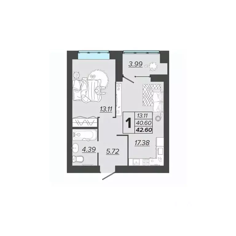 1-к кв. Брянская область, Брянск Архитектор жилой комплекс (42.6 м) - Фото 1