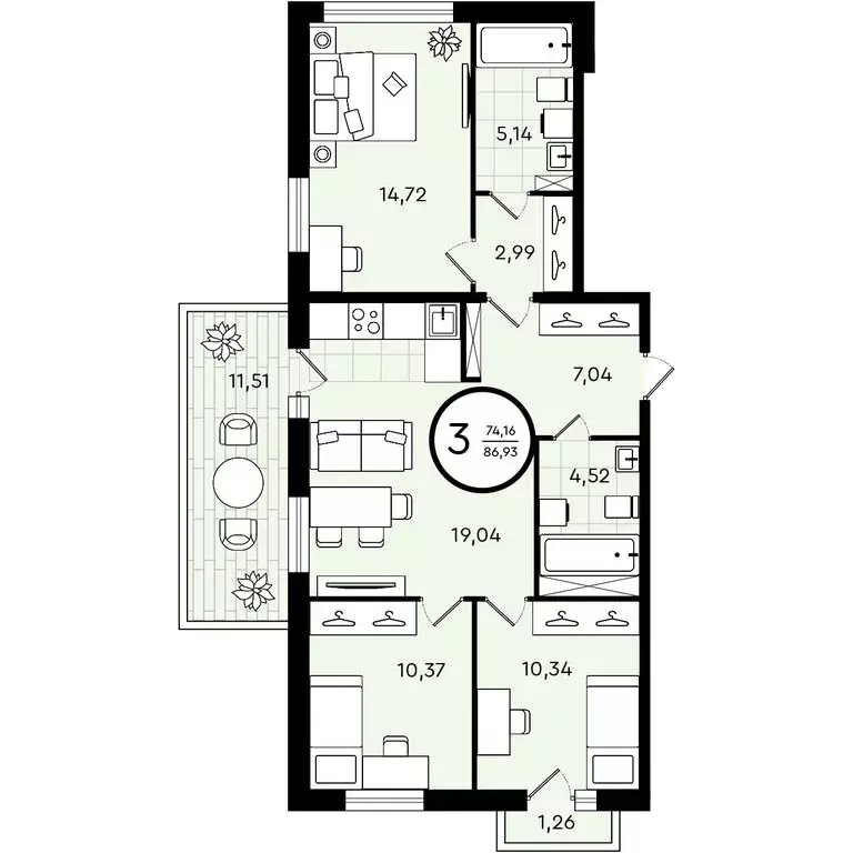 3-комнатная квартира: Тюмень, улица Александра Звягина, 3 (86.93 м) - Фото 0