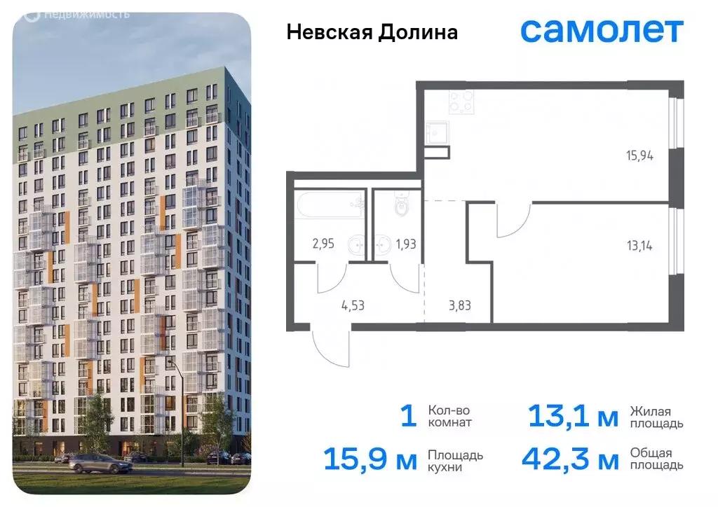 1-комнатная квартира: деревня Новосаратовка, жилой комплекс Невская ... - Фото 0