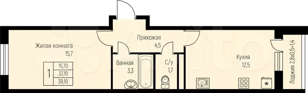 1-к. квартира, 39,1 м, 3/3 эт. - Фото 0