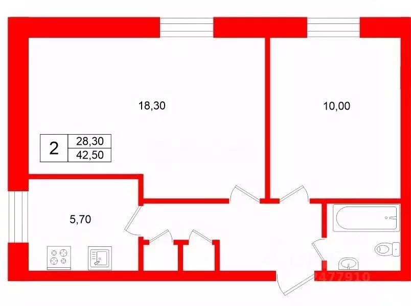 2-к кв. Санкт-Петербург бул. Новаторов, 7 (42.5 м) - Фото 2