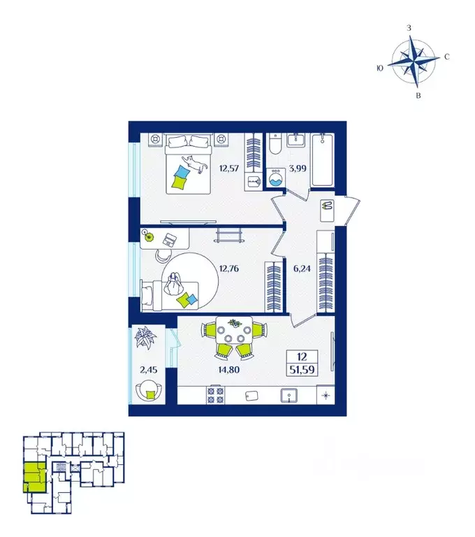 2-к кв. Калининградская область, Зеленоградск  (51.59 м) - Фото 1