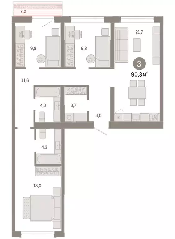 3-комнатная квартира: Новосибирск, Большевистская улица, с49 (90.27 м) - Фото 2