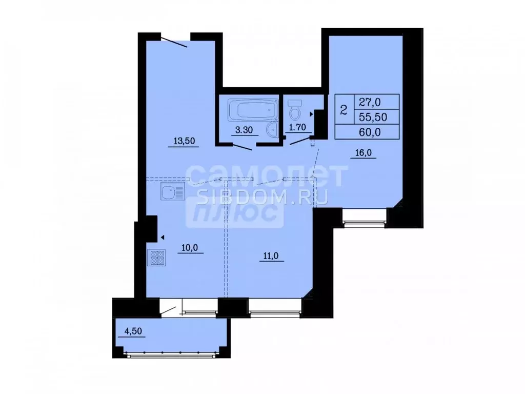 2-к кв. Омская область, Омск ул. Малиновского, 16к2 (60.0 м) - Фото 1