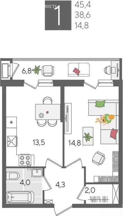 1-комнатная квартира: Краснодар, Новороссийская улица, 102И (45.4 м) - Фото 1