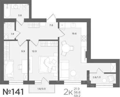 2-к кв. Калининградская область, Пионерский МС18 жилой комплекс (56.6 ... - Фото 1