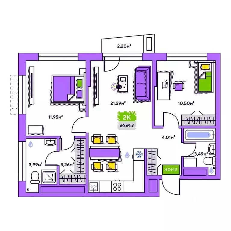 2-к кв. Тюменская область, Тюмень Полевая ул., 93 (60.69 м) - Фото 1