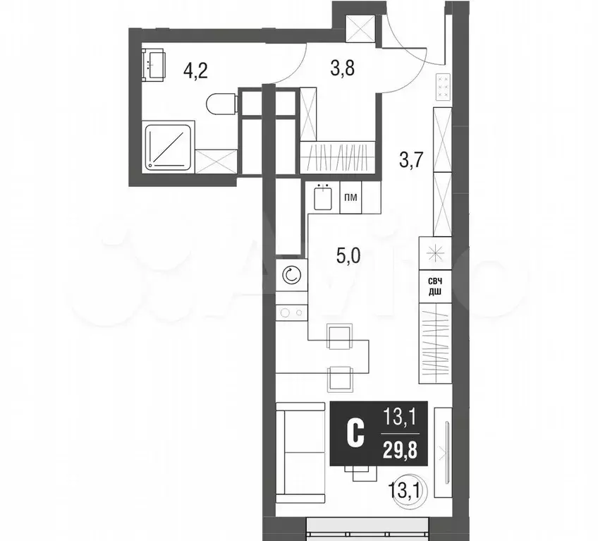 Квартира-студия, 29,8 м, 46/53 эт. - Фото 1