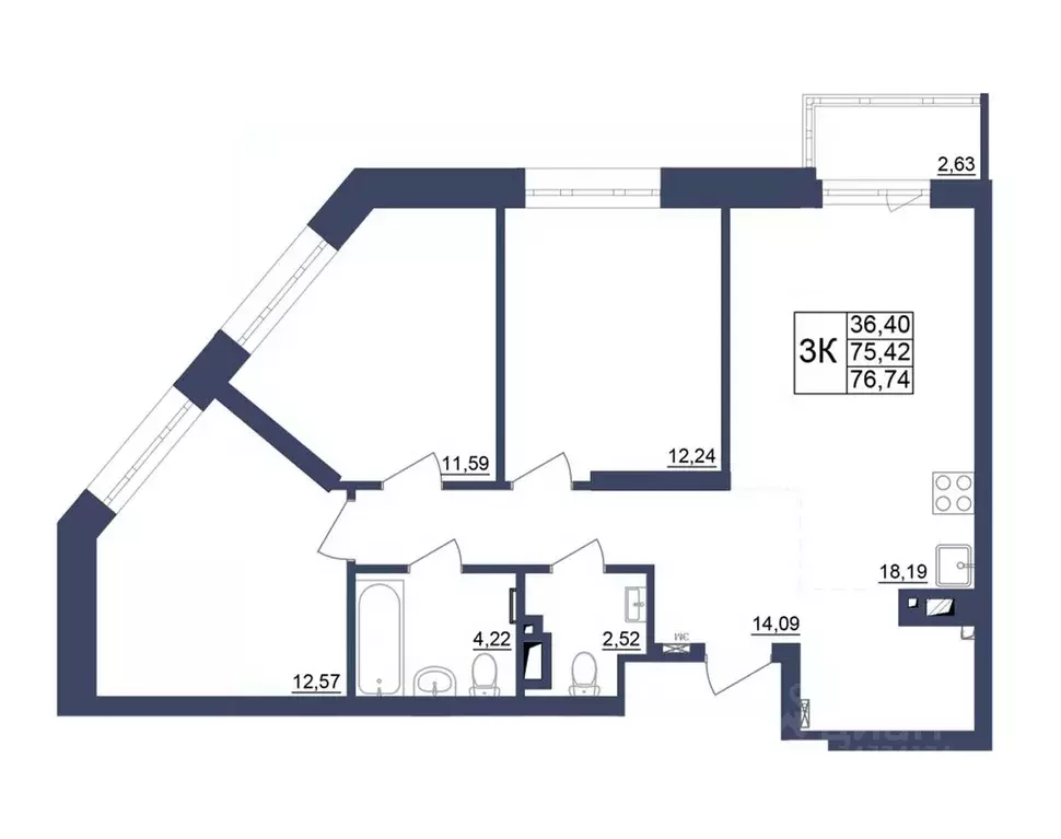 3-к кв. Башкортостан, Уфа Космос жилой комплекс, лит1 (76.84 м) - Фото 1