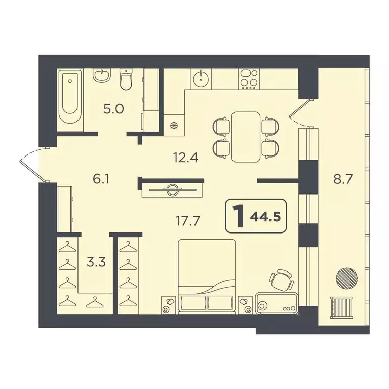 1-комнатная квартира: Тюмень, улица 50 лет Октября, 75к4 (44.5 м) - Фото 1