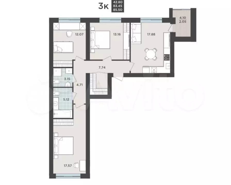 3-к. квартира, 85,5 м, 2/9 эт. - Фото 1