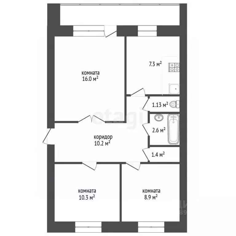 3-к кв. Башкортостан, Бирск ул. Мира, 128 (58.0 м) - Фото 2