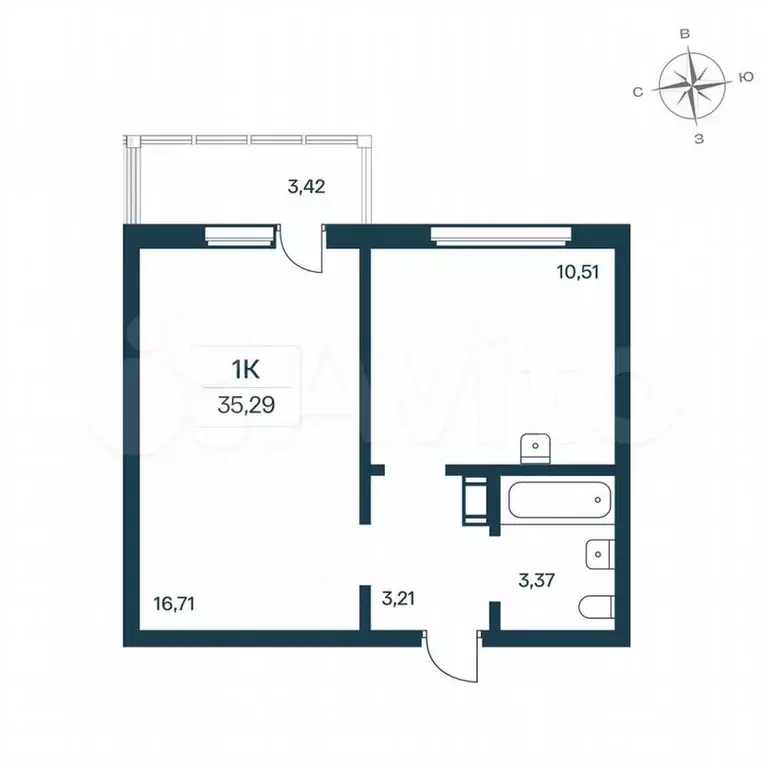 1-к. квартира, 34,8м, 6/9эт. - Фото 0