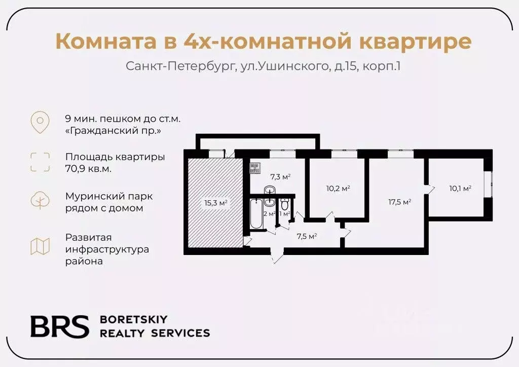 Комната Санкт-Петербург ул. Ушинского, 15К1 (15.3 м) - Фото 1