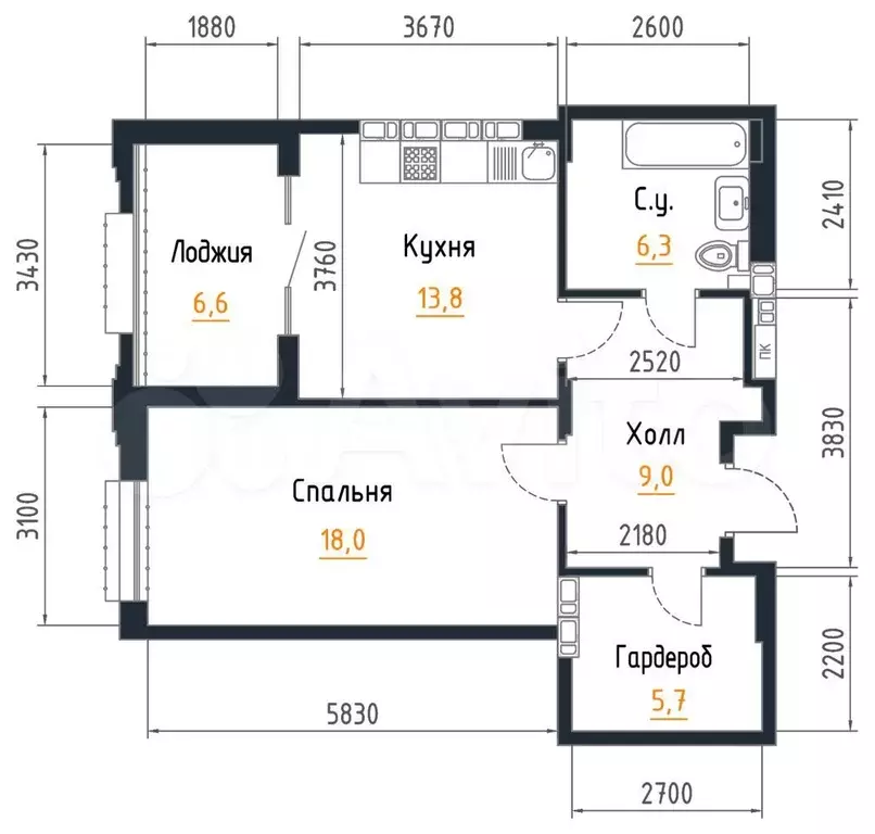 1-к. квартира, 56 м, 7/9 эт. - Фото 1