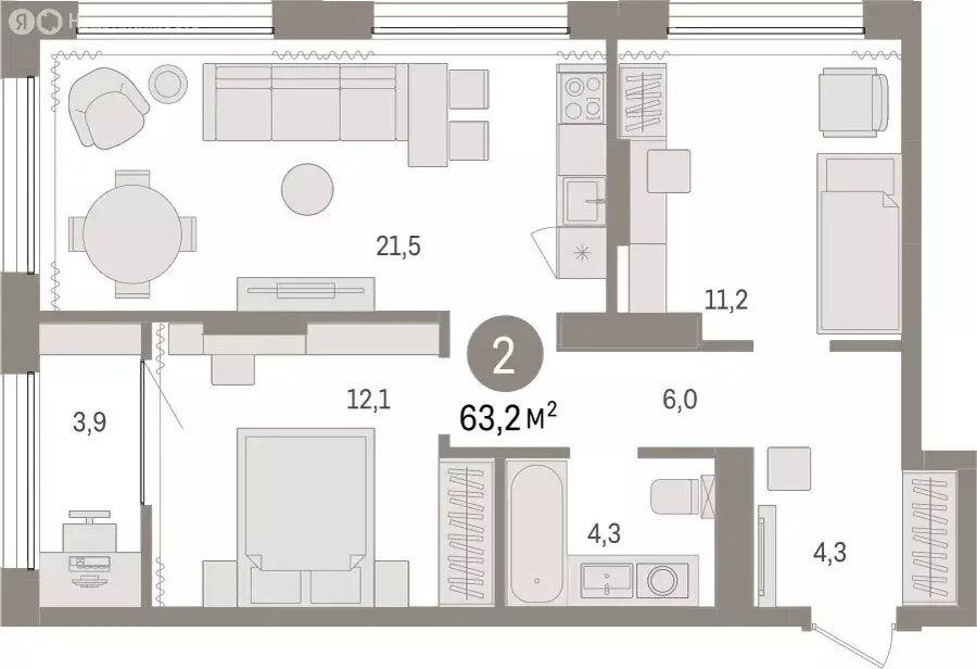 2-комнатная квартира: Тюмень, Краснооктябрьская улица, 4к3 (63.2 м) - Фото 1