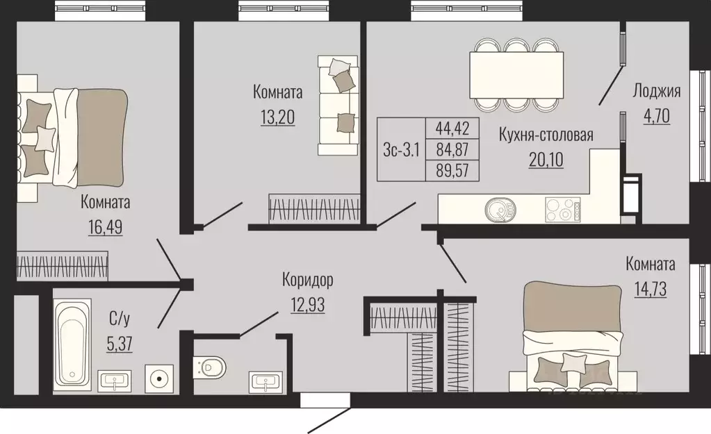 3-к кв. Ставропольский край, Ставрополь № 23 мкр,  (89.57 м) - Фото 1