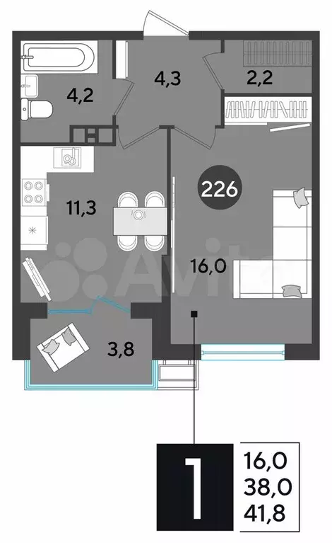 1-к. квартира, 41,8 м, 8/9 эт. - Фото 1