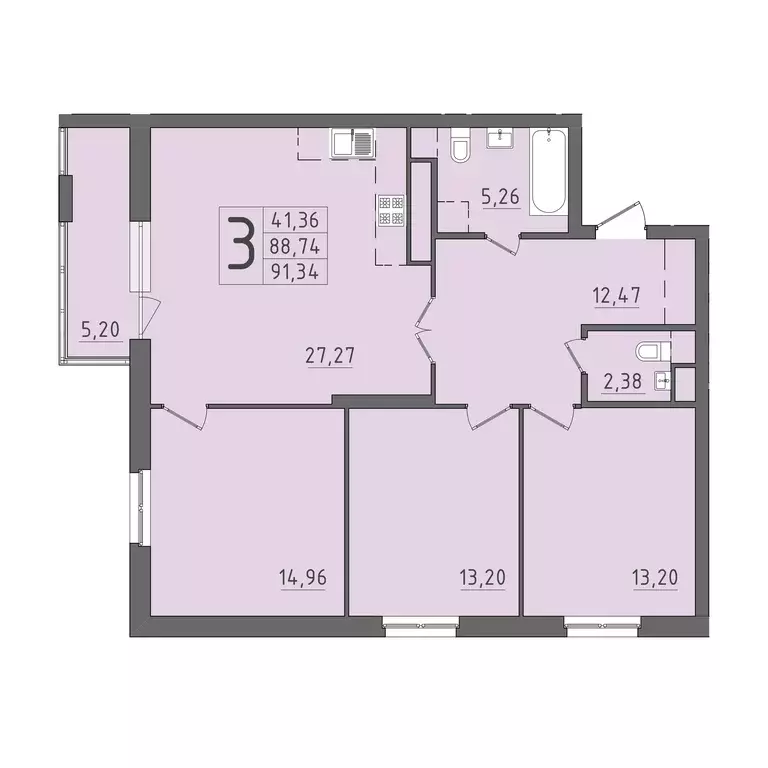 3-к квартира, 91.34 м - Фото 0