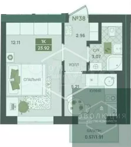 1-к. квартира, 23,9 м, 4/5 эт. - Фото 0
