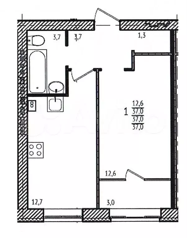 1-к. квартира, 37 м, 3/3 эт. - Фото 0