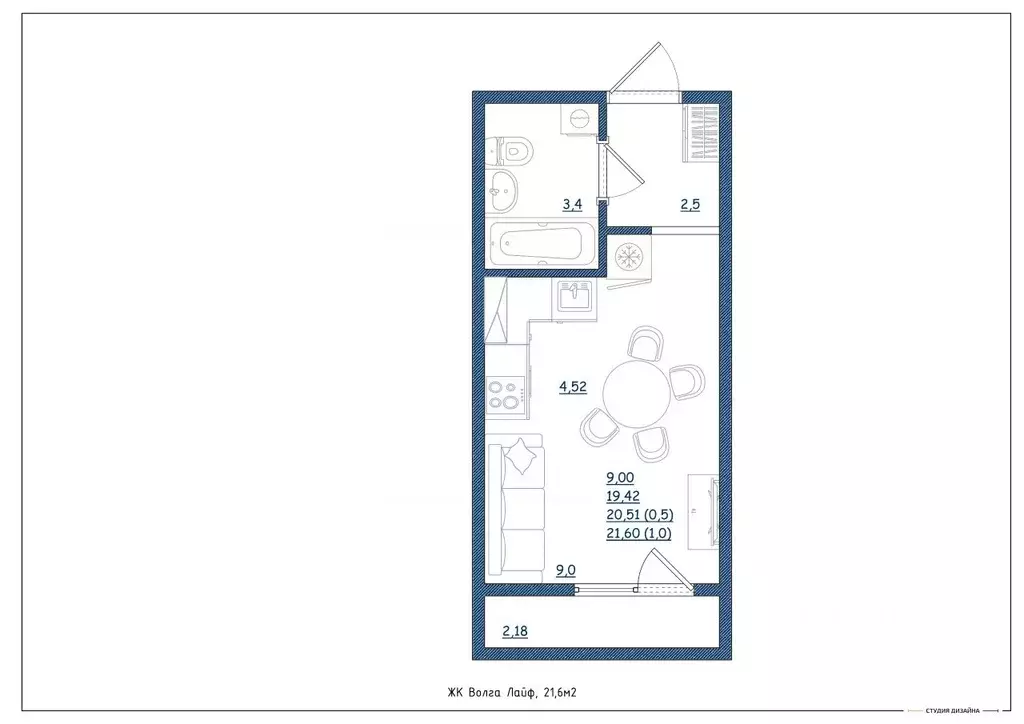 Студия Тверская область, Тверь Новочеркасская ул., 49 (21.6 м) - Фото 2