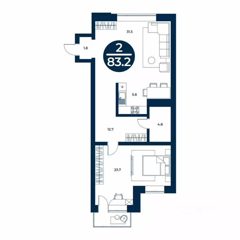 2-к кв. Хакасия, Абакан ул. Генерала Тихонова, 14 (83.2 м) - Фото 1