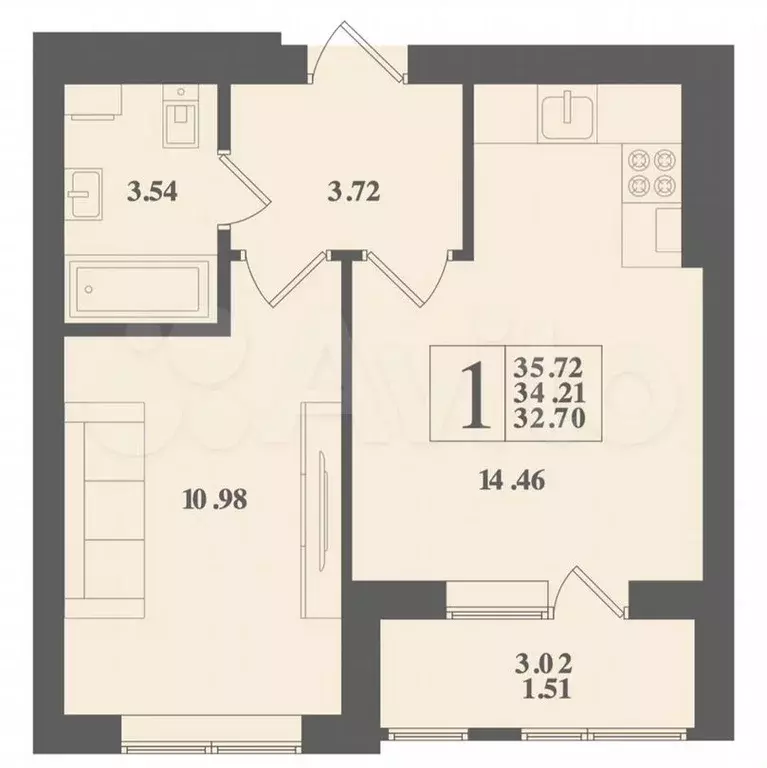 1-к. квартира, 37м, 3/4эт. - Фото 1