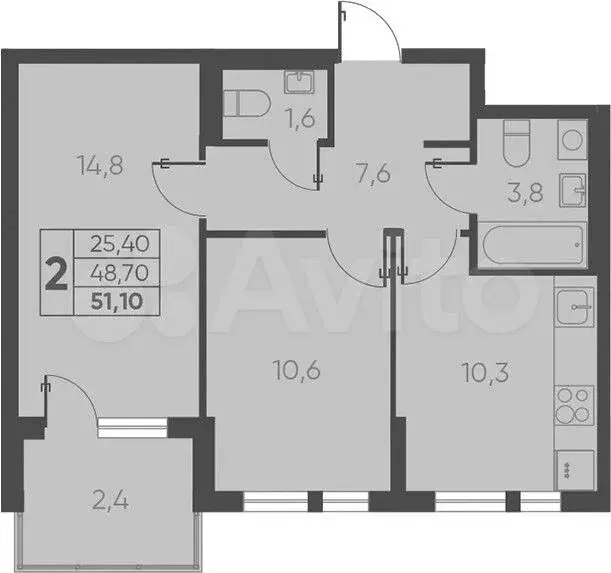 2-к. квартира, 51,1 м, 12/15 эт. - Фото 1