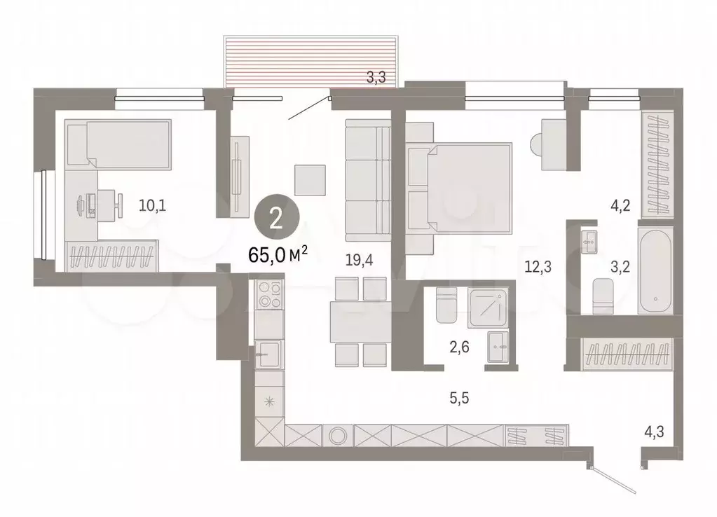 2-к. квартира, 65 м, 6/8 эт. - Фото 0