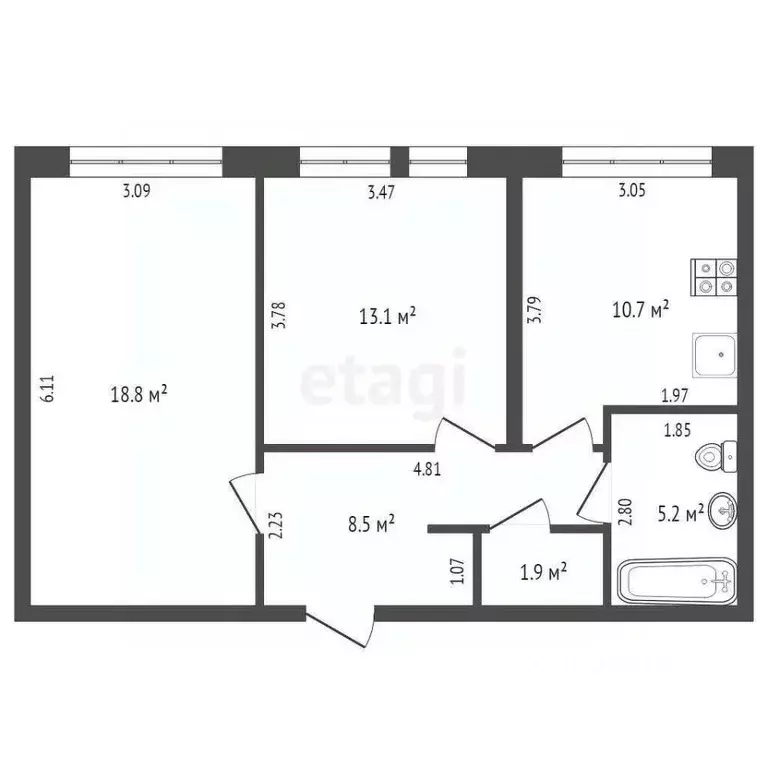2-к кв. Тюменская область, Тюмень Полевая ул., 117к4 (50.8 м) - Фото 2