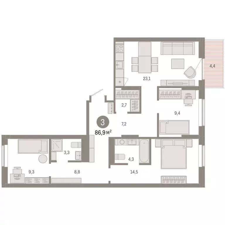 3-комнатная квартира: Омск, Кировский округ (86.9 м) - Фото 1
