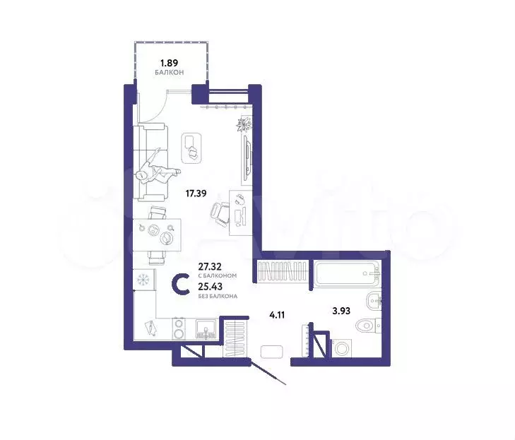 Квартира-студия, 27,3 м, 11/15 эт. - Фото 1