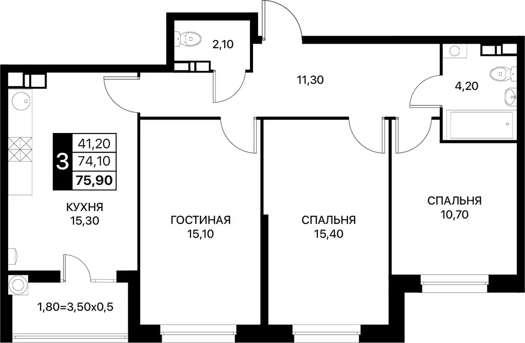 3-к квартира, 75.9 м - Фото 0