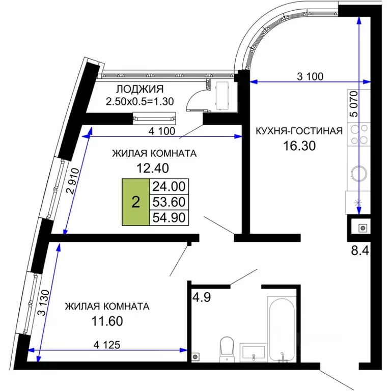 2-к кв. Краснодарский край, Краснодар Фонтаны жилой комплекс (54.9 м) - Фото 1