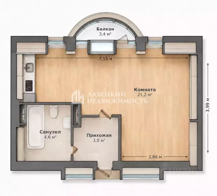 Студия Санкт-Петербург ул. Бутлерова, 40 (28.8 м) - Фото 2