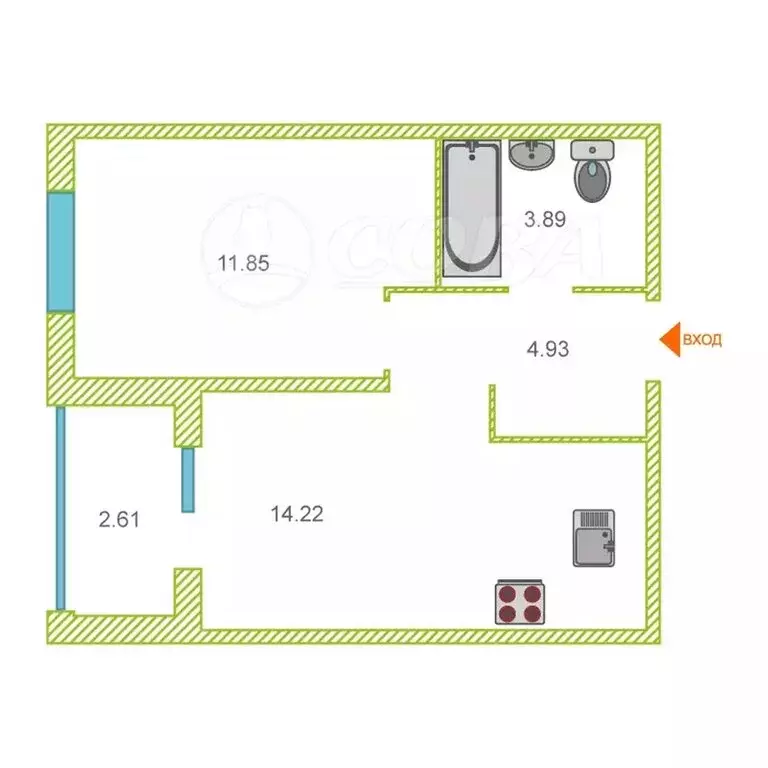 1-комнатная квартира: Тюмень, улица Александра Звягина, 5 (35 м) - Фото 1