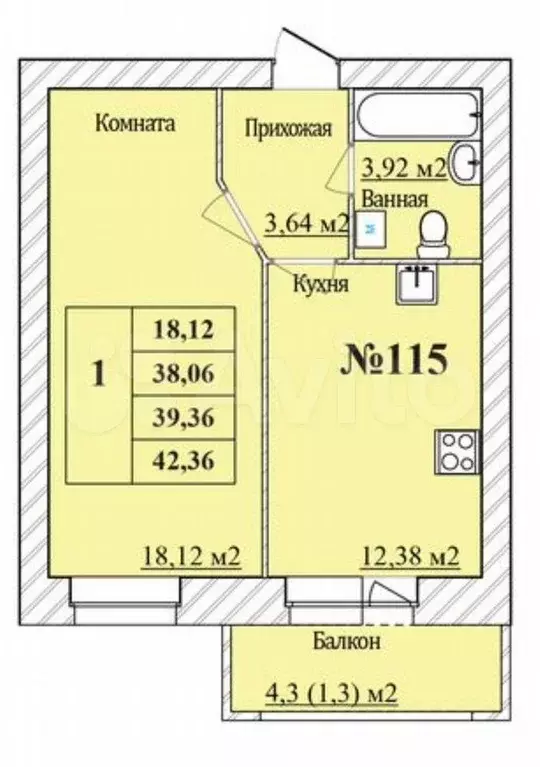 1-к. квартира, 39,4 м, 6/8 эт. - Фото 0