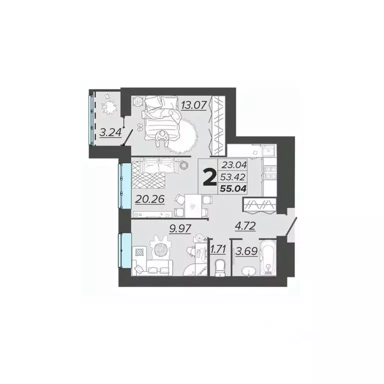 2-к кв. Брянская область, Брянск Архитектор жилой комплекс (55.04 м) - Фото 1