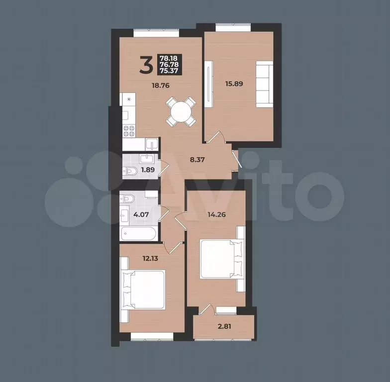3-к. квартира, 78 м, 3/9 эт. - Фото 0