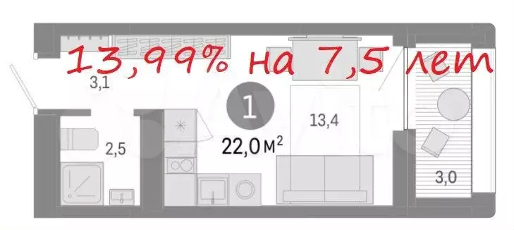 Квартира-студия, 22 м, 3/17 эт. - Фото 0