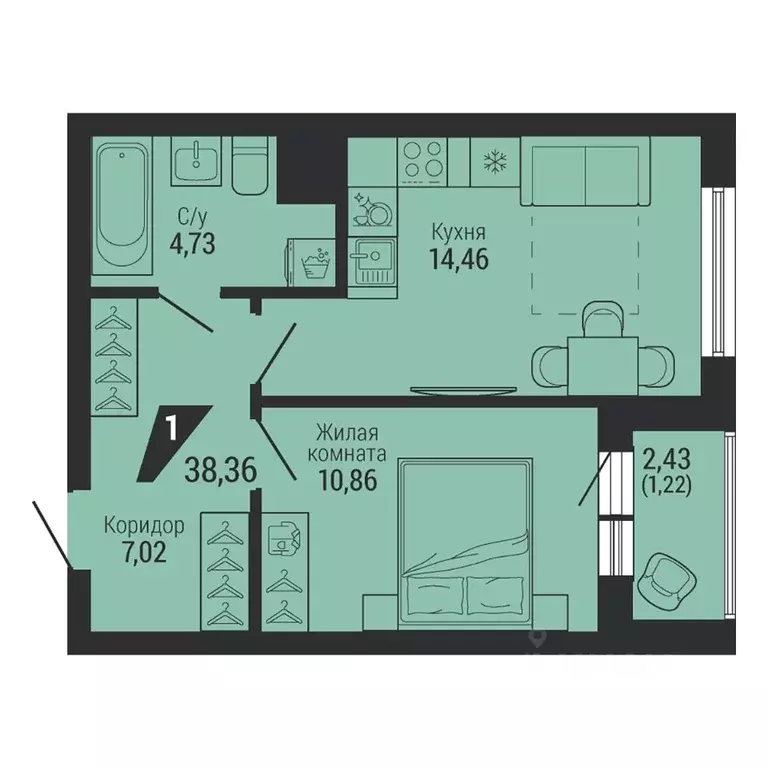 1-к кв. Свердловская область, Екатеринбург пер. Ученический, 4 (38.36 ... - Фото 1
