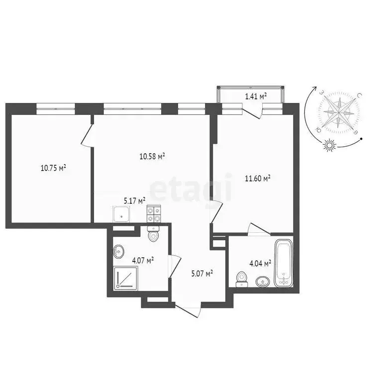 2-комнатная квартира: Тюмень, улица Новосёлов, 96 (48 м) - Фото 1