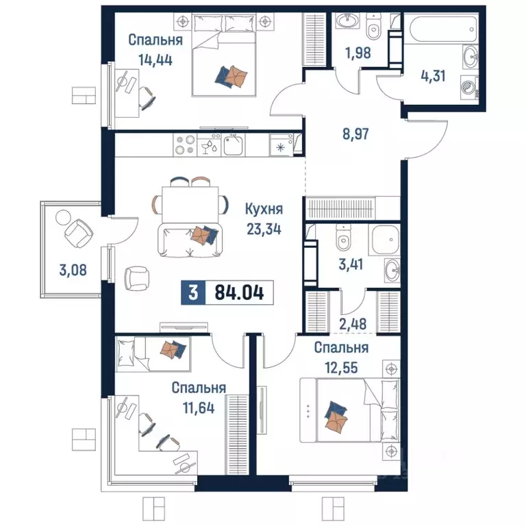 3-к кв. Ленинградская область, Мурино Всеволожский район,  (84.04 м) - Фото 1