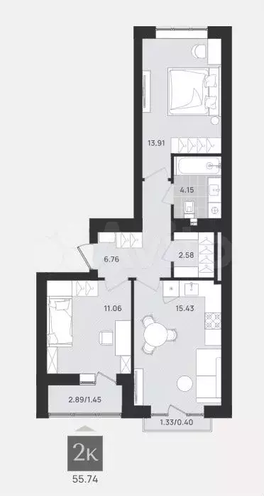 2-к. квартира, 55,7 м, 9/9 эт. - Фото 1
