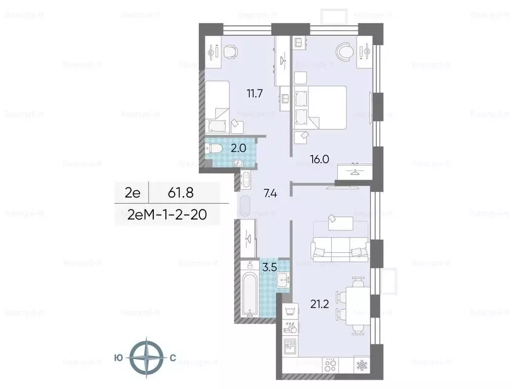Продаётся 2-к квартира, 61.8 м - Фото 1