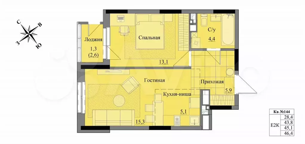 2-к. квартира, 45,1 м, 10/17 эт. - Фото 0