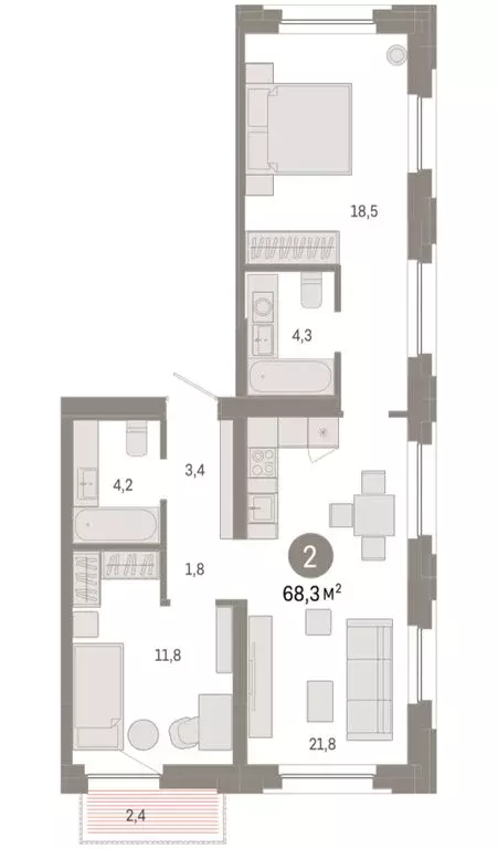 2-комнатная квартира: Тюмень, Мысовская улица, 26к2 (68.29 м) - Фото 2
